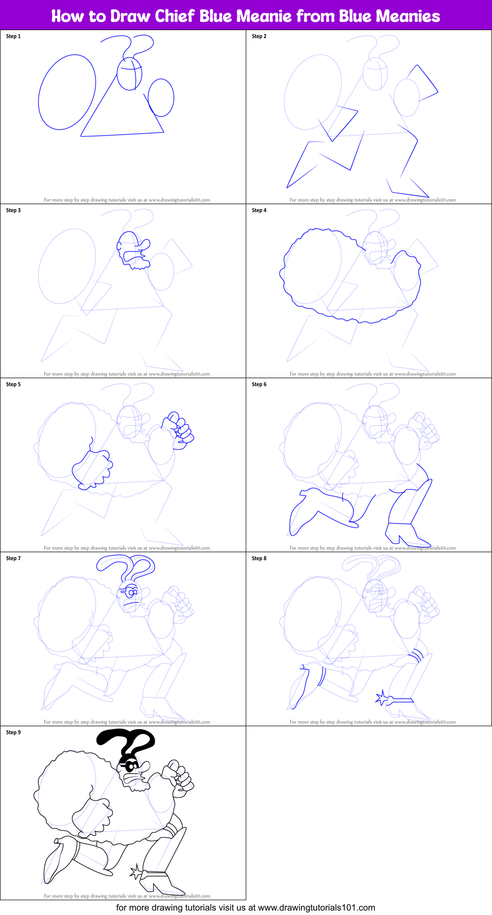 How to Draw Chief Blue Meanie from Blue Meanies Printable Step by Step