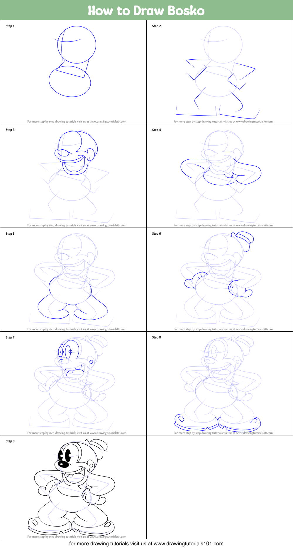 How to Draw Bosko Printable Step by Step