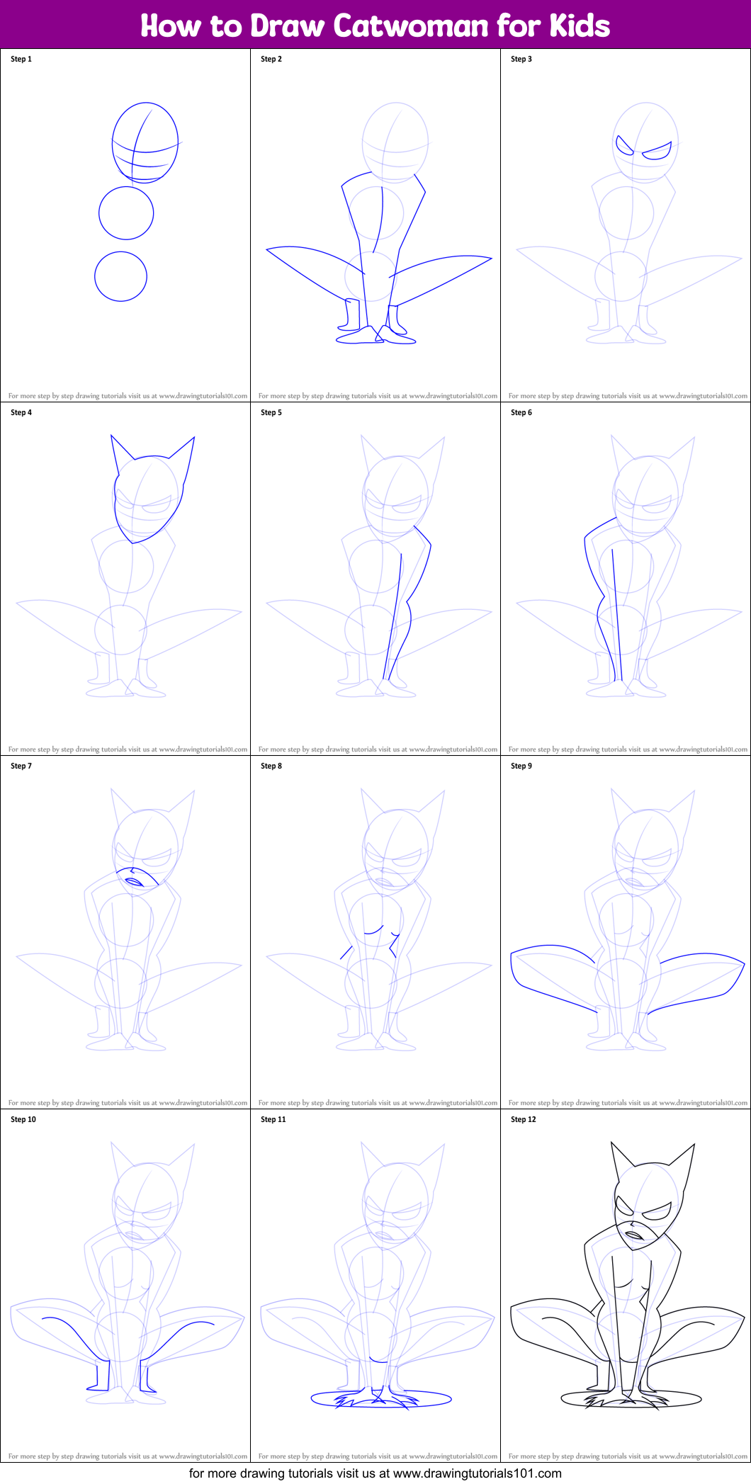 How to Draw Catwoman for Kids Printable Step by Step