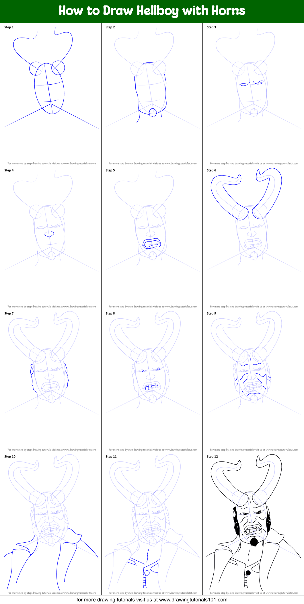 How to Draw Hellboy with Horns Printable Step by Step