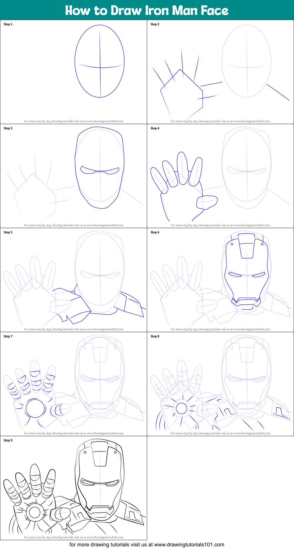 How to Draw Iron Man Face printable step by step drawing sheet