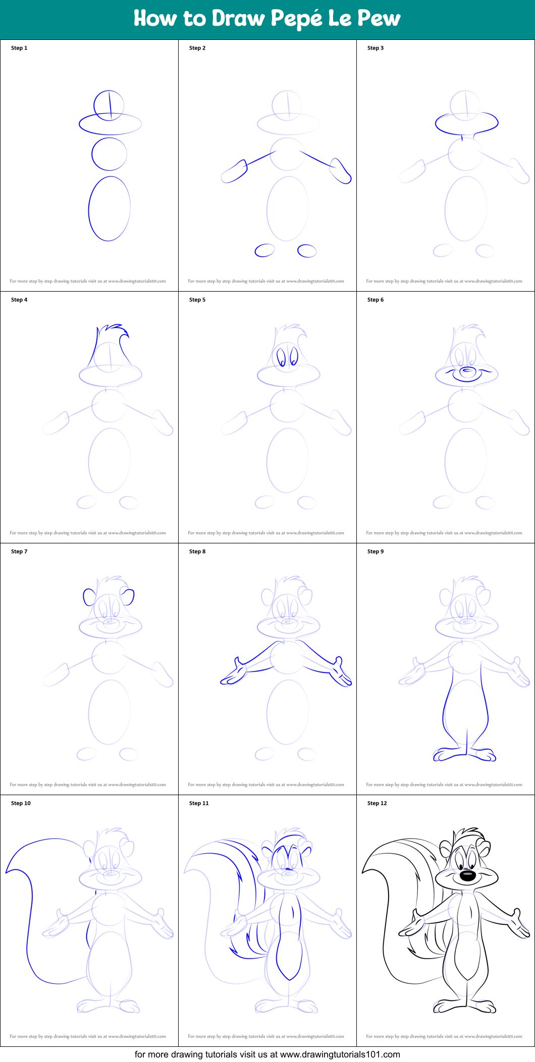 How to Draw Pepé Le Pew Printable Step by Step