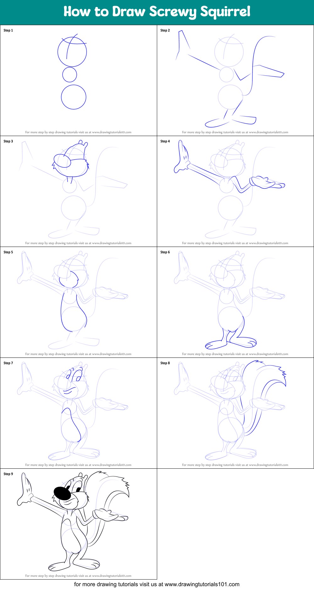How to Draw Screwy Squirrel Printable Step by Step