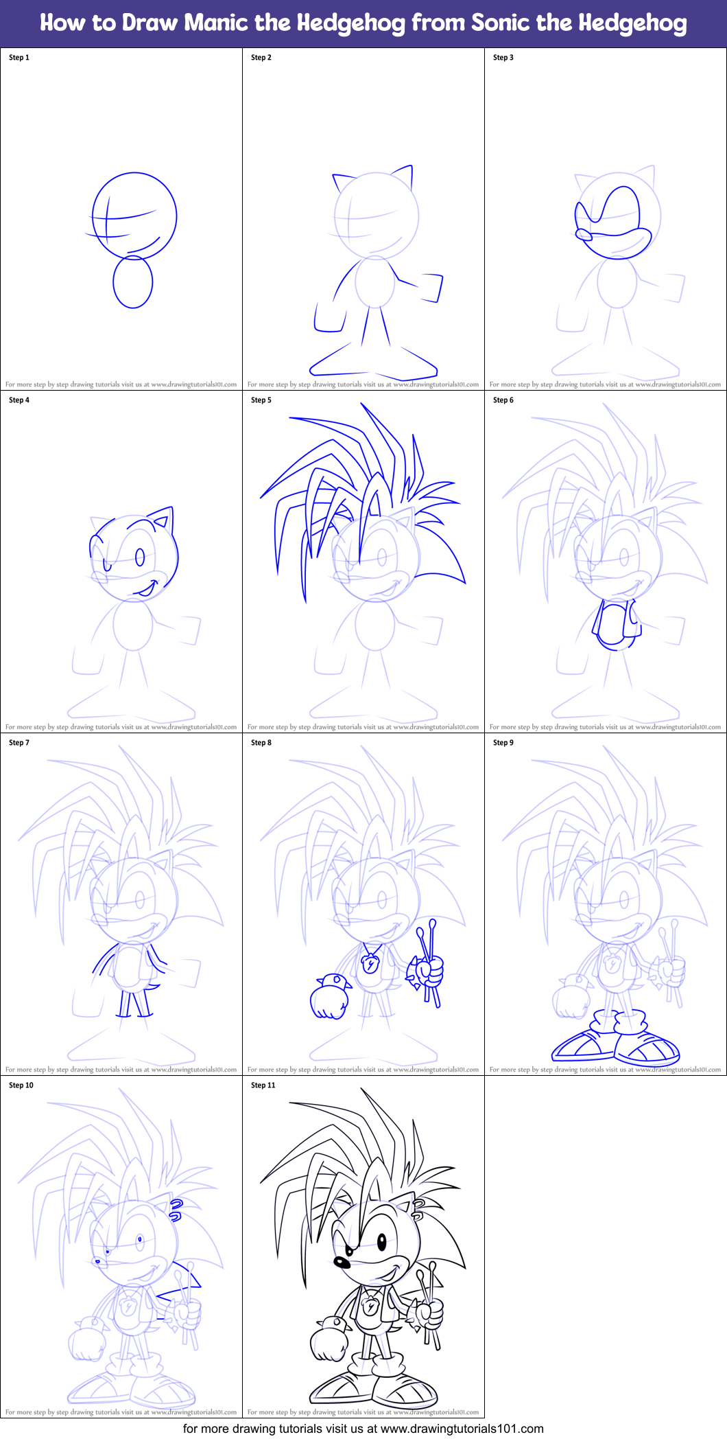 How to Draw Manic the Hedgehog from Sonic the Hedgehog Printable Step by Step