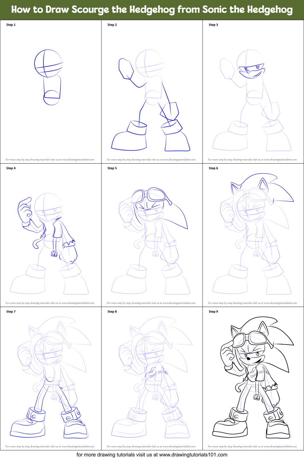 How to Draw Scourge the Hedgehog from Sonic the Hedgehog printable step