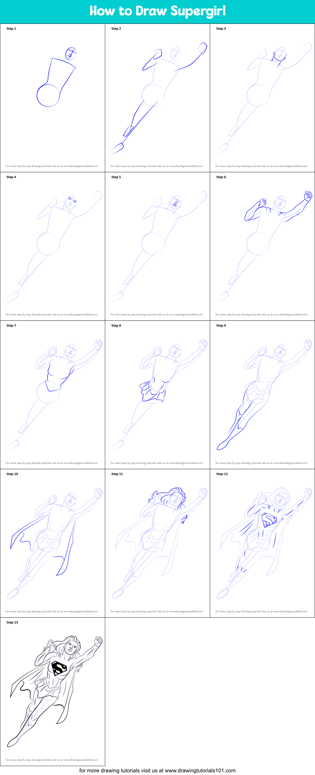 How to Draw Supergirl Printable Step by Step