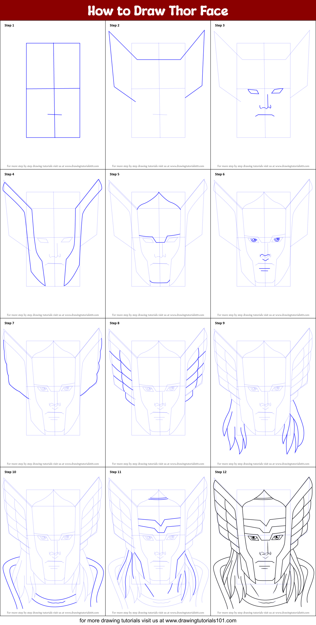 How to Draw Thor Face printable step by step drawing sheet