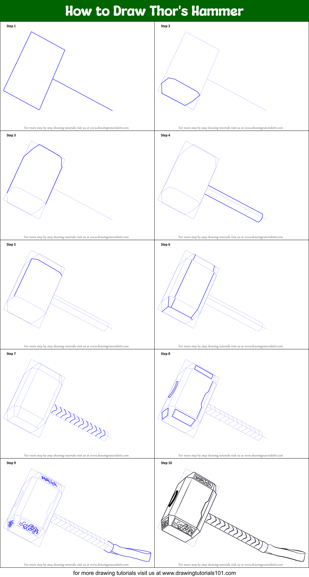 How to Draw Thor's Hammer Printable Step by Step