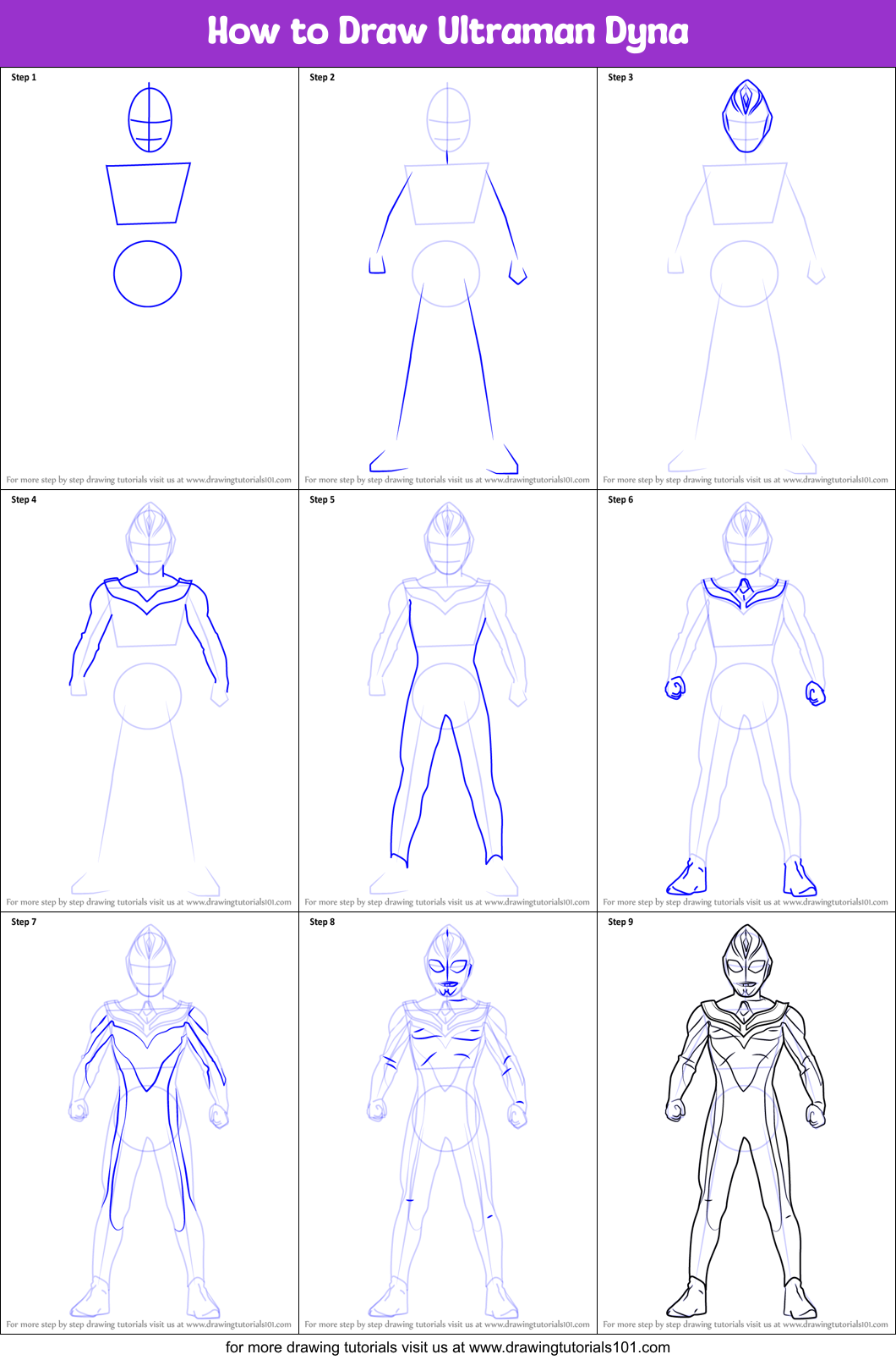 How to Draw Ultraman Dyna printable step by step drawing sheet