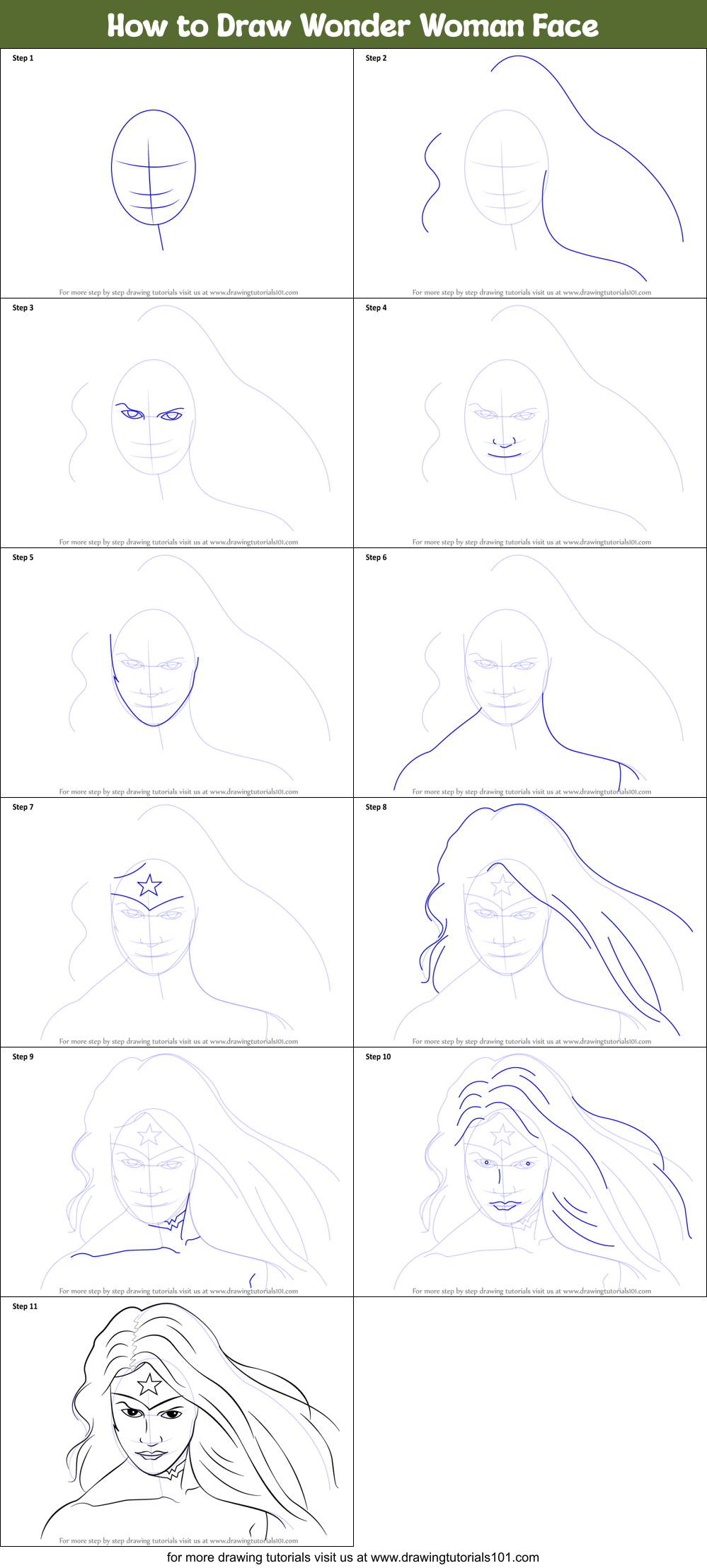 How to Draw Wonder Woman Face printable step by step