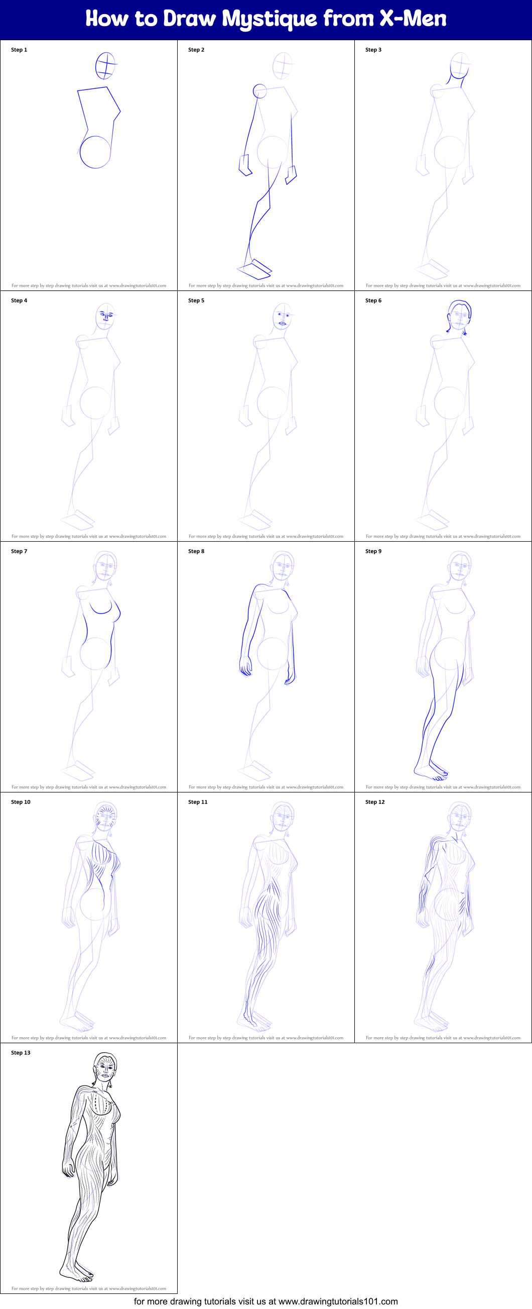 How to Draw Mystique from X-Men Printable Step by Step