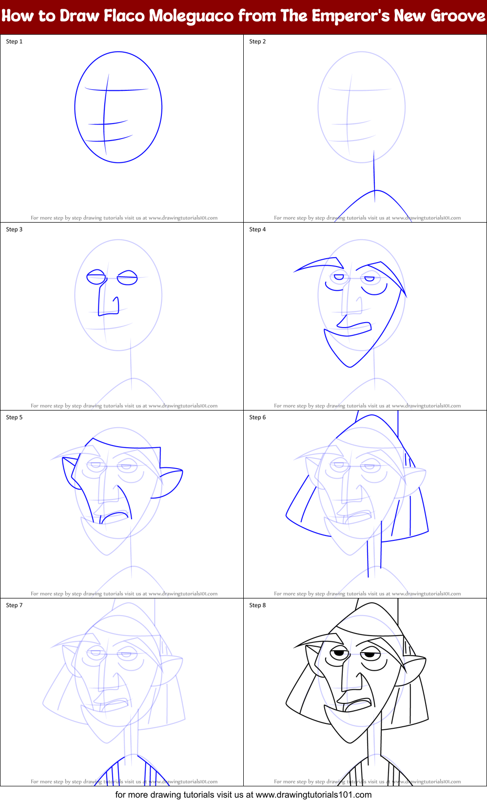 How to Draw Flaco Moleguaco from The Emperor's New Groove Printable Step by Step
