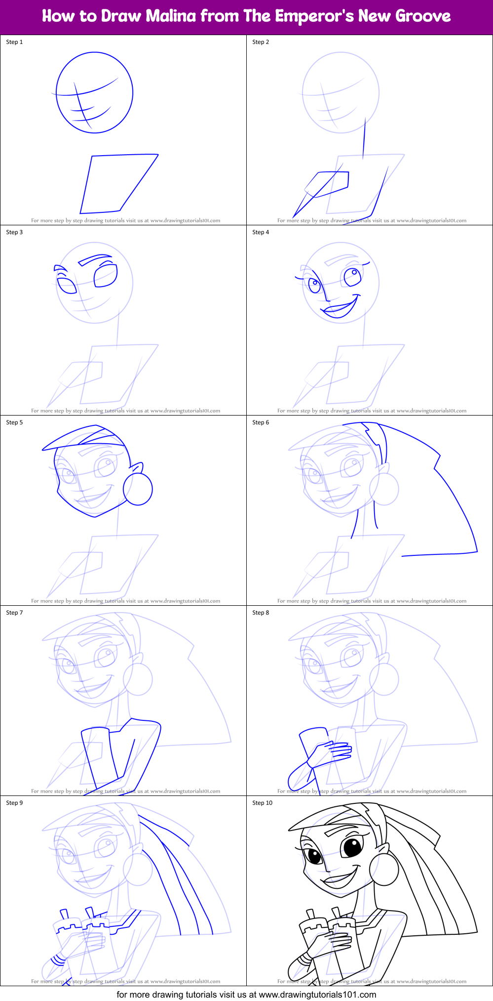 How to Draw Malina from The Emperor's New Groove Printable Step by Step