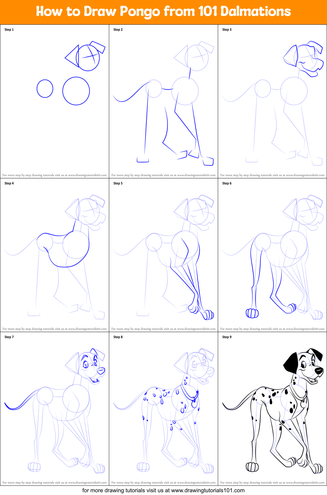 How to Draw Pongo from 101 Dalmations Printable Step by Step