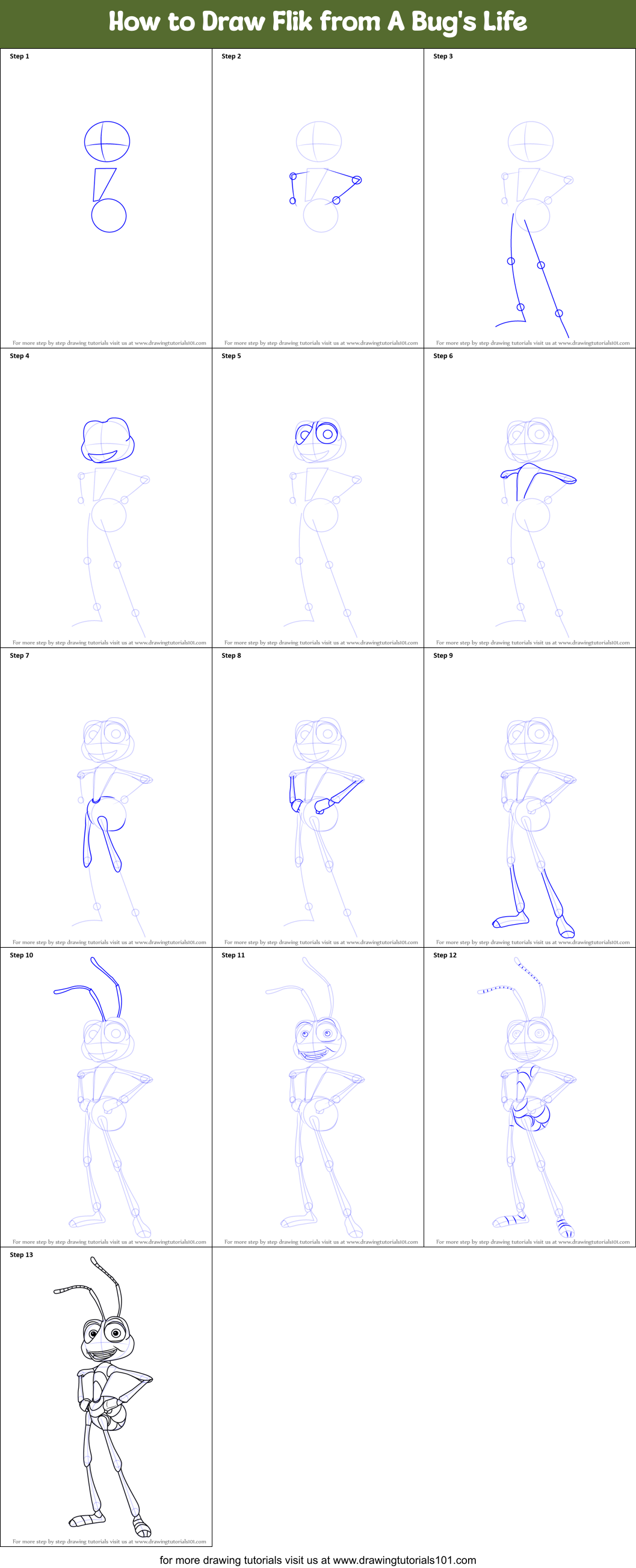 How to Draw Flik from A Bug's Life Printable Step by Step