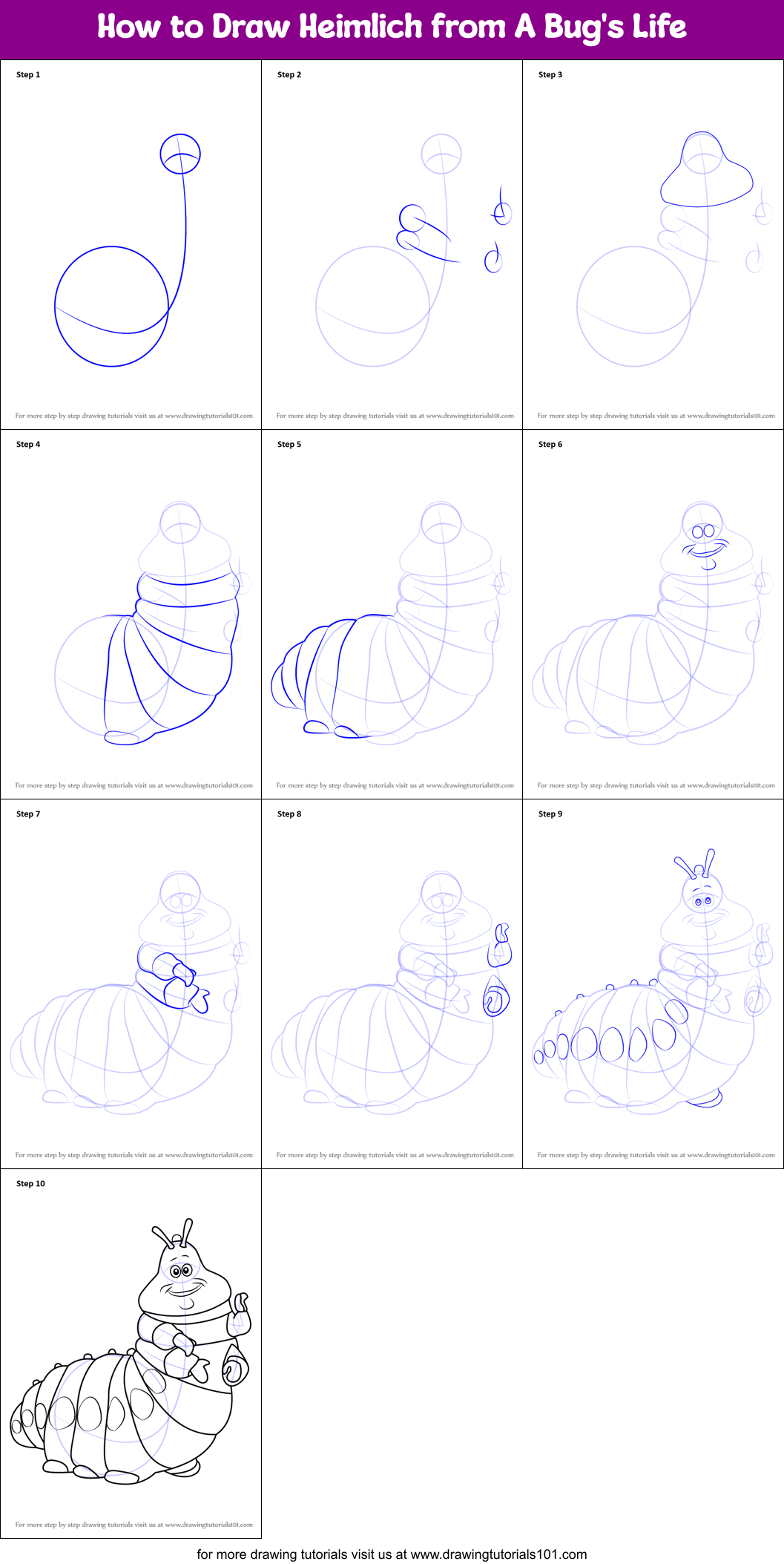 How to Draw Heimlich from A Bug's Life Printable Step by Step