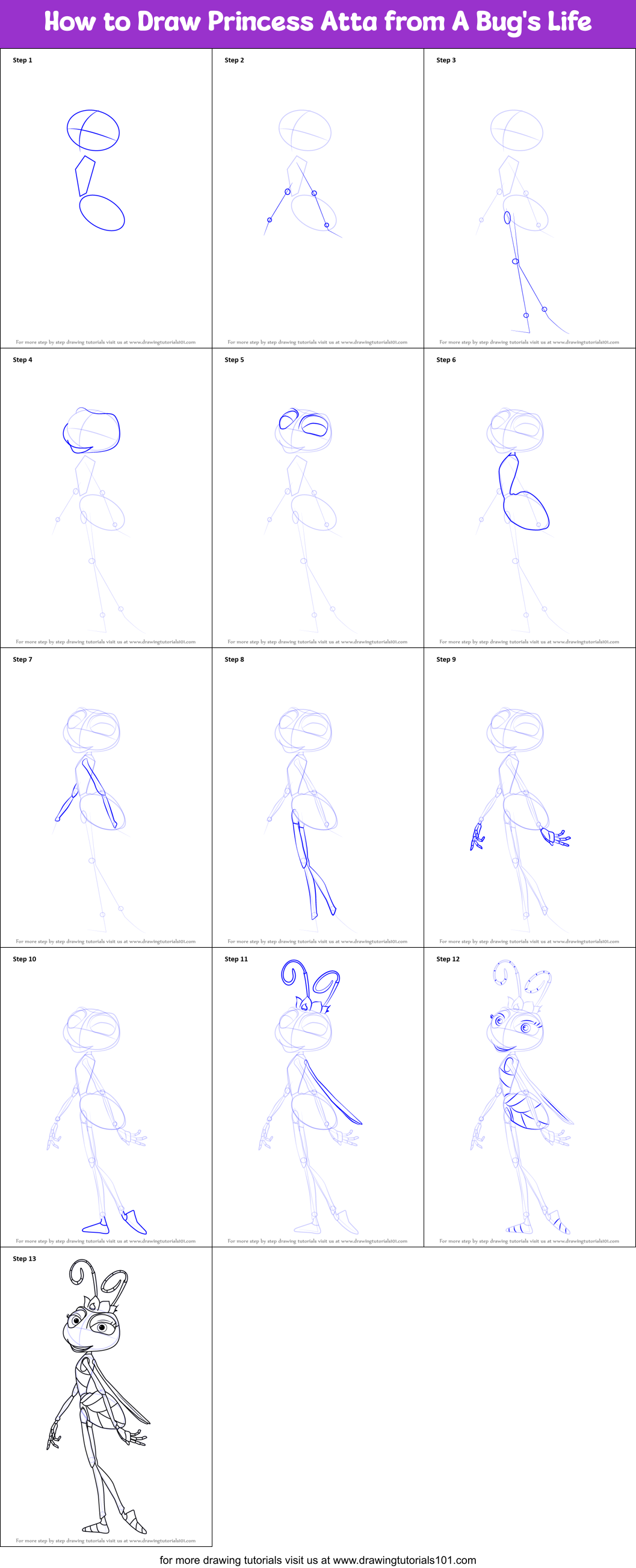 How to Draw Princess Atta from A Bug's Life Printable Step by Step