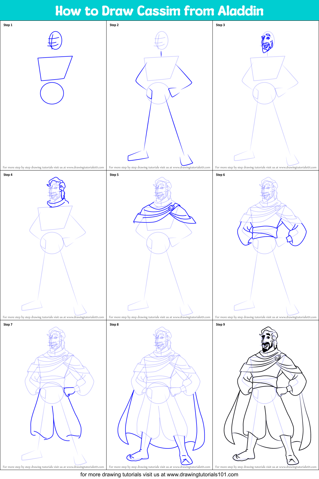 How to Draw Cassim from Aladdin Printable Step by Step