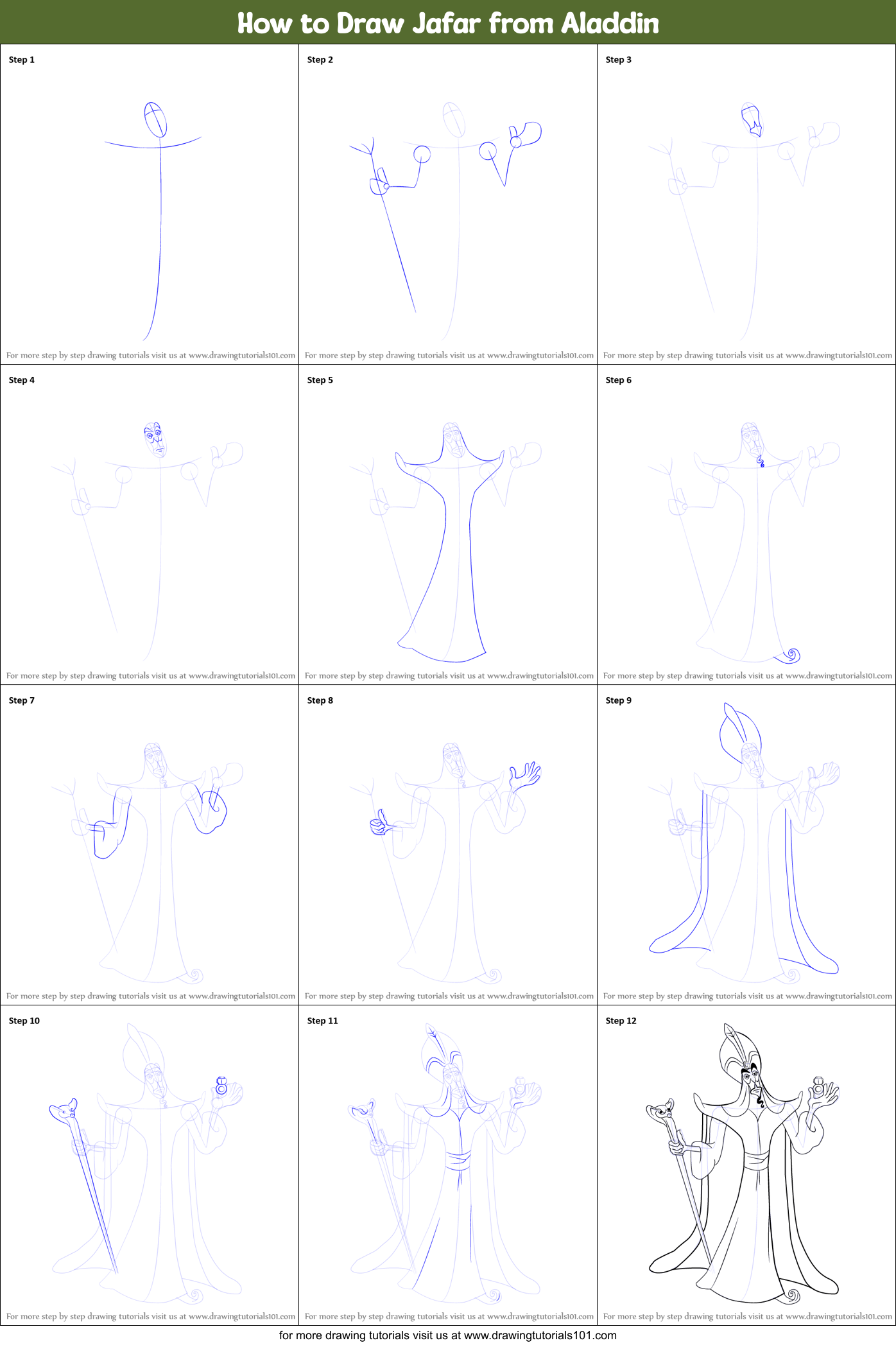 How to Draw Jafar from Aladdin Printable Step by Step
