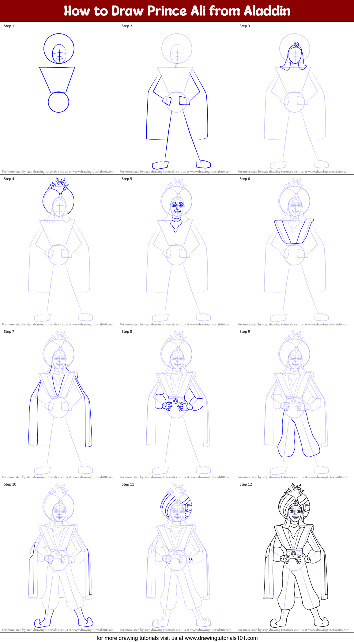 How to Draw Prince Ali from Aladdin Printable Step by Step