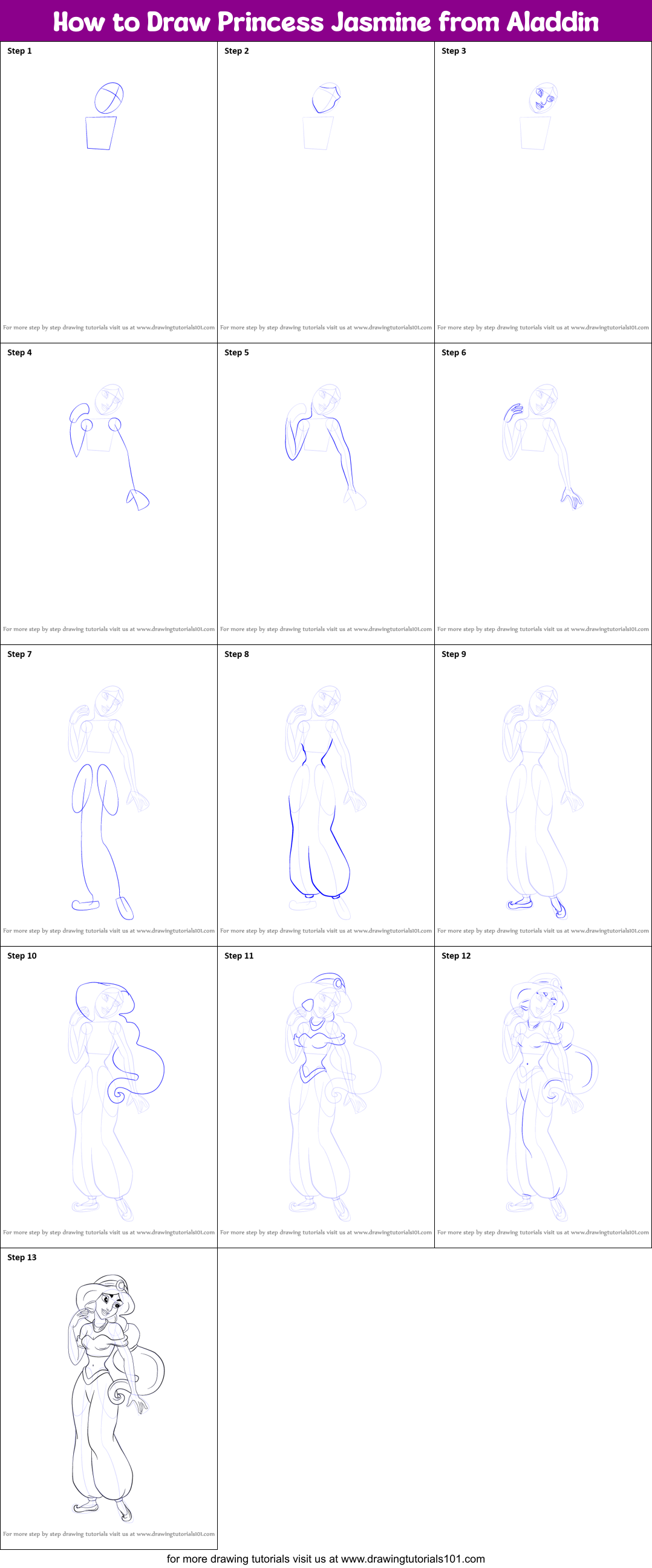 How to Draw Princess Jasmine from Aladdin Printable Step by Step