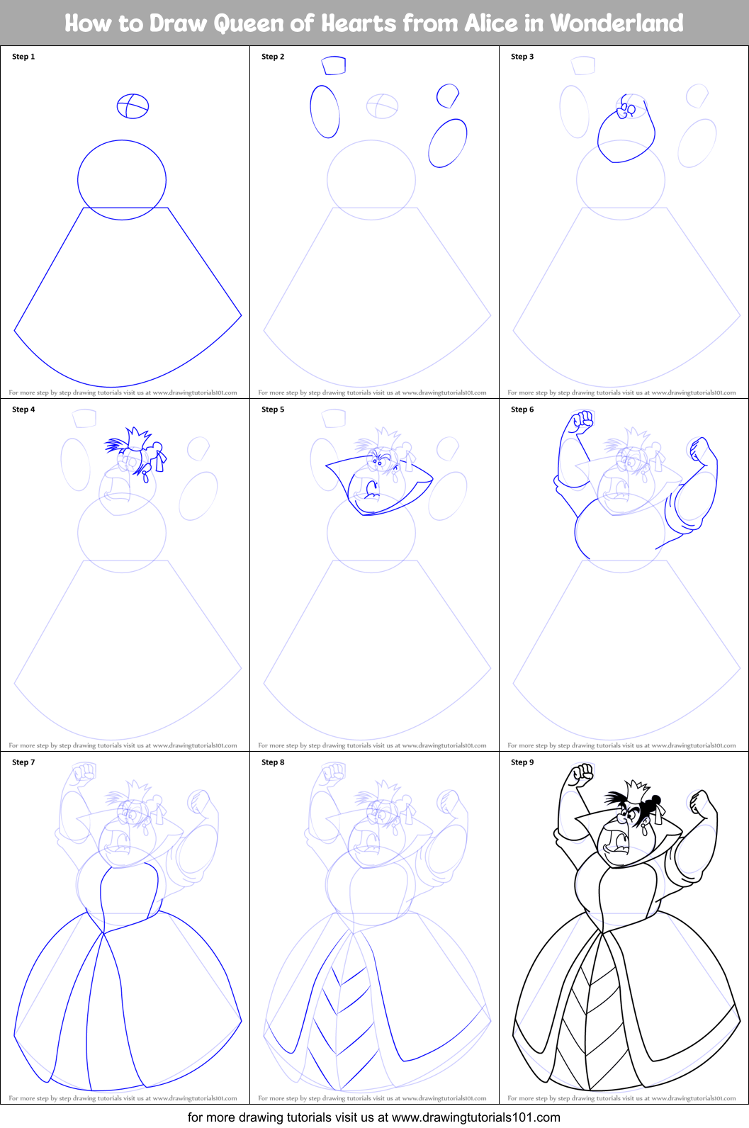 How To Draw Queen Of Hearts From Alice In Wonderland Printable Step By