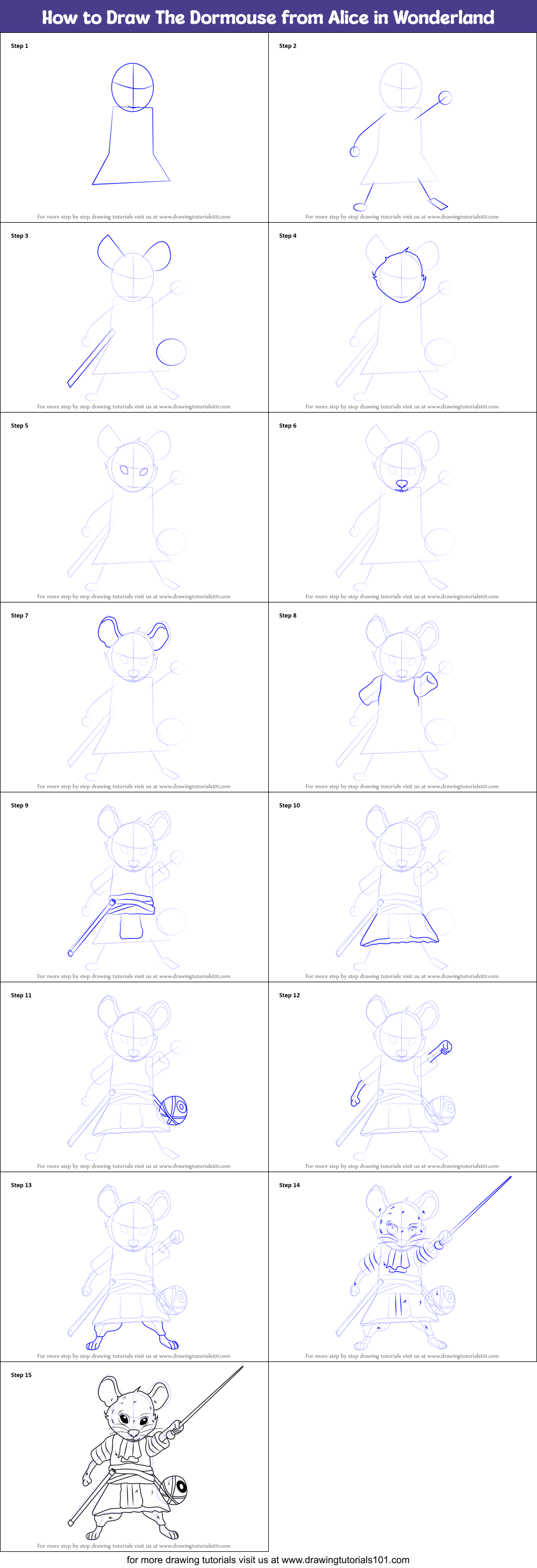 How to Draw The Dormouse from Alice in Wonderland Printable Step by Step