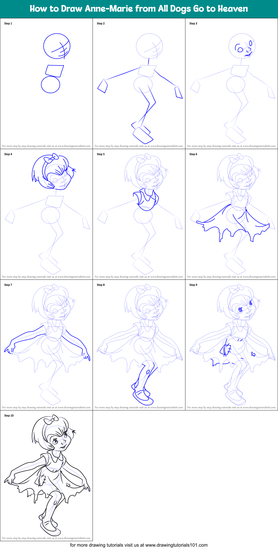 How to Draw Anne-Marie from All Dogs Go to Heaven Printable Step by Step