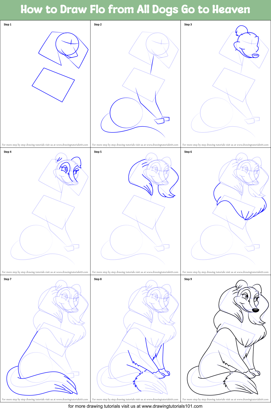 How to Draw Flo from All Dogs Go to Heaven Printable Step by Step