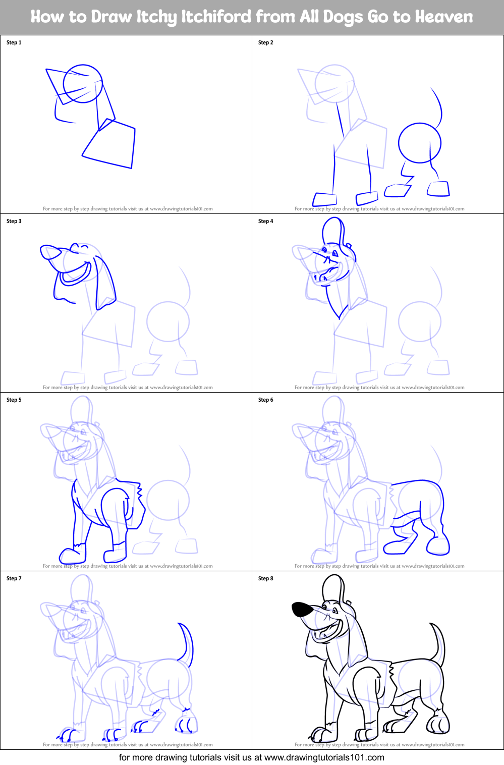 How to Draw Itchy Itchiford from All Dogs Go to Heaven Printable Step by Step