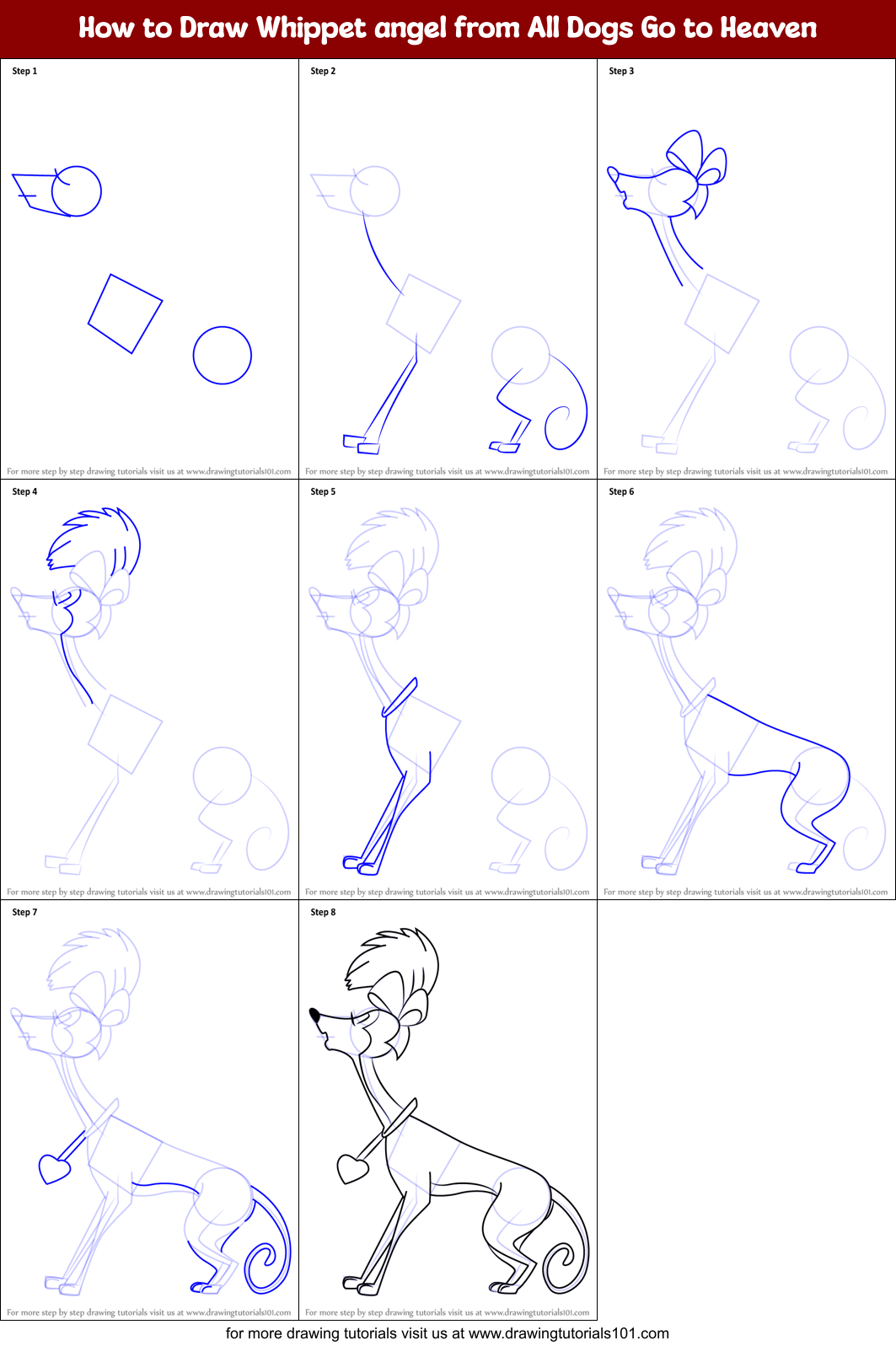 How to Draw Whippet angel from All Dogs Go to Heaven Printable Step by Step