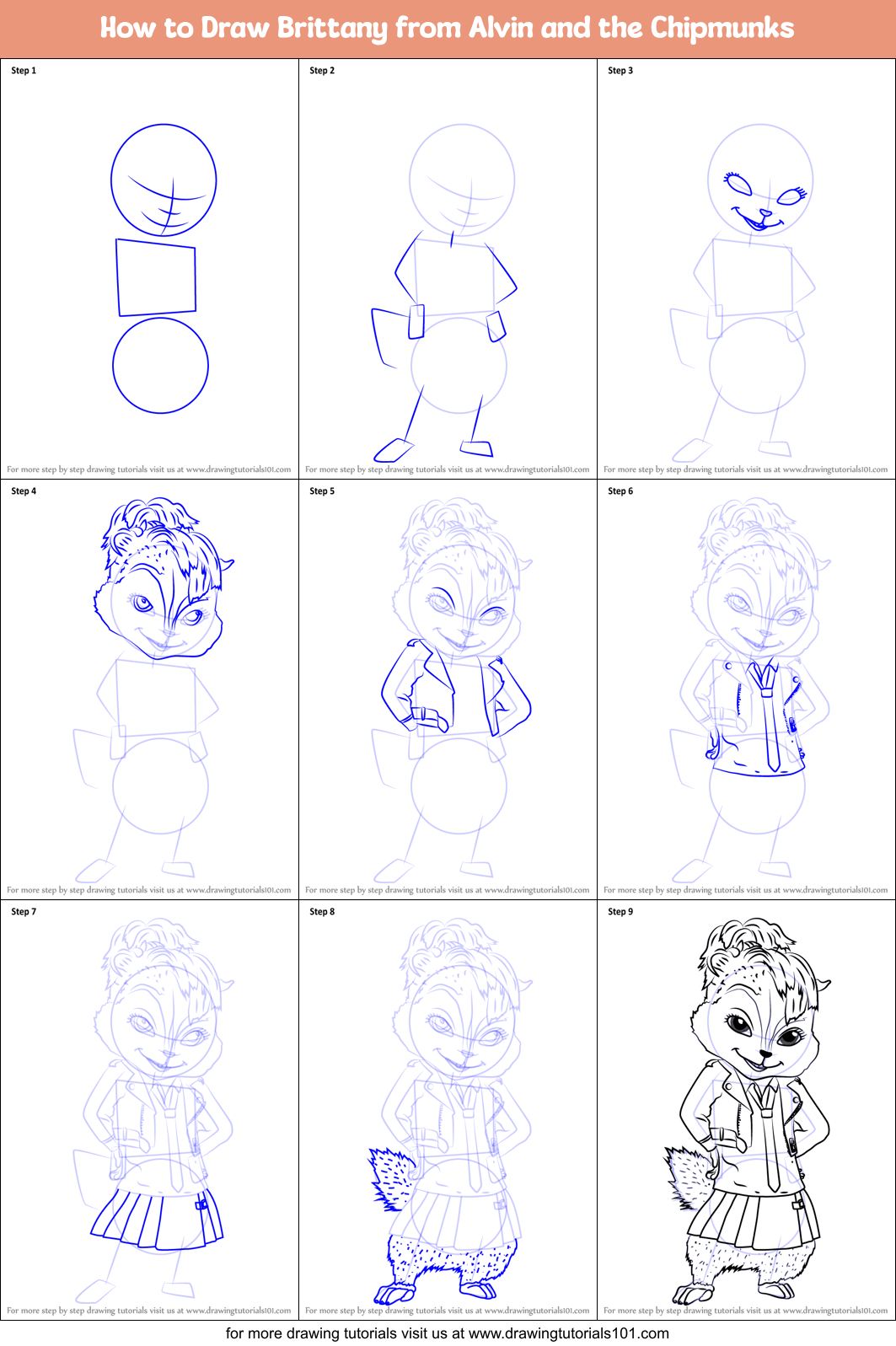 How to Draw Brittany from Alvin and the Chipmunks Printable Step by Step