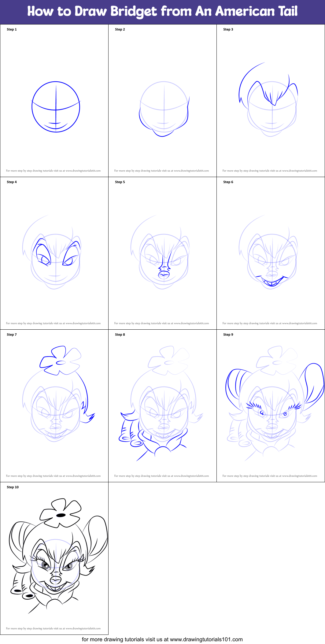 How to Draw Bridget from An American Tail Printable Step by Step