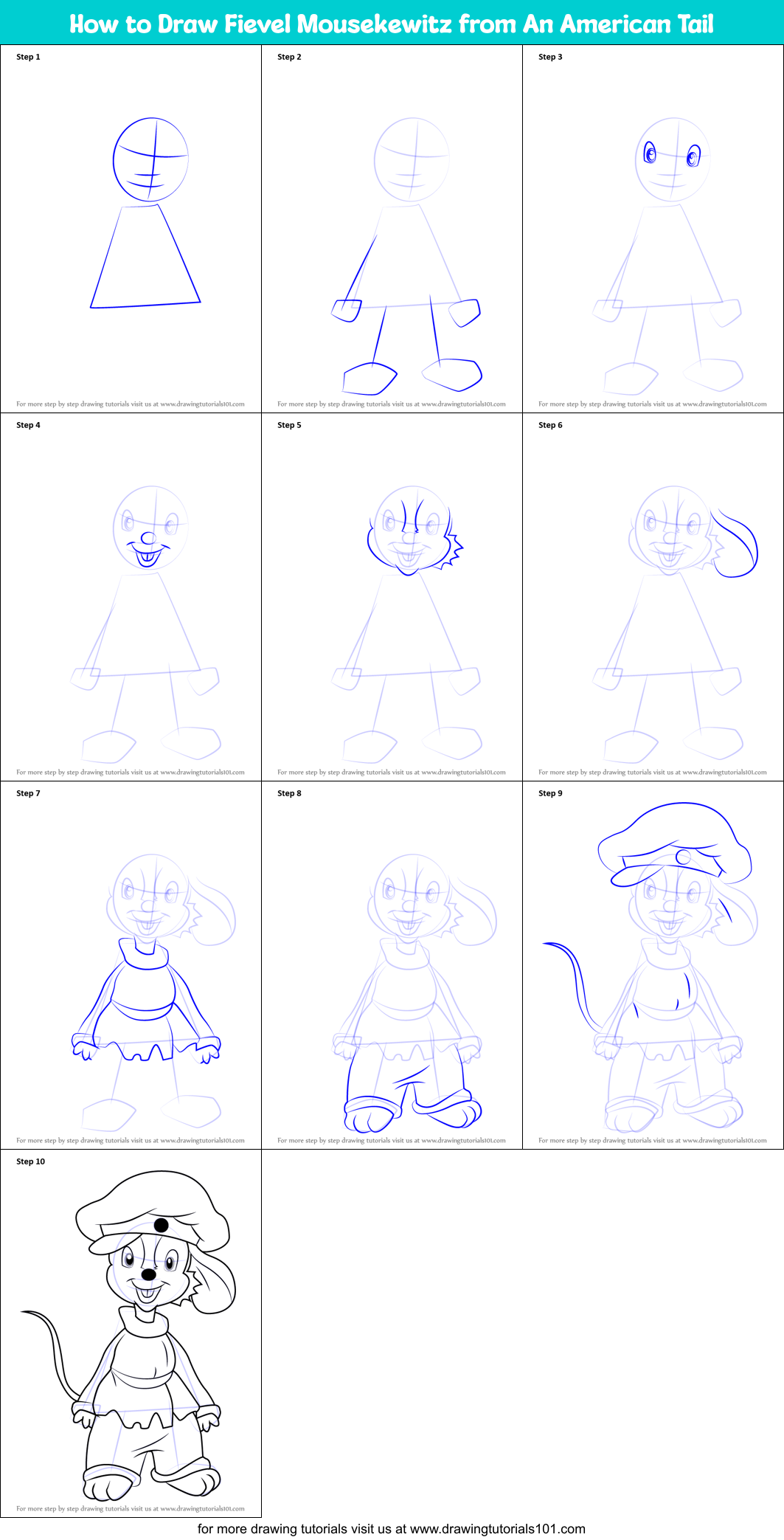 How to Draw Fievel Mousekewitz from An American Tail Printable Step by Step