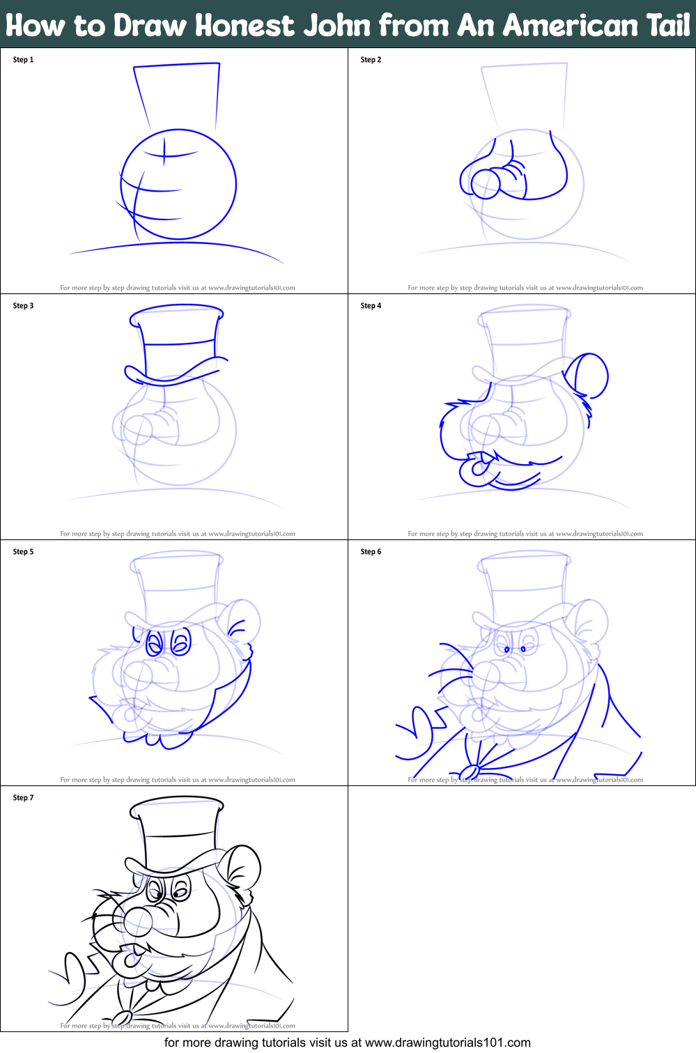 How to Draw Honest John from An American Tail Printable Step by Step