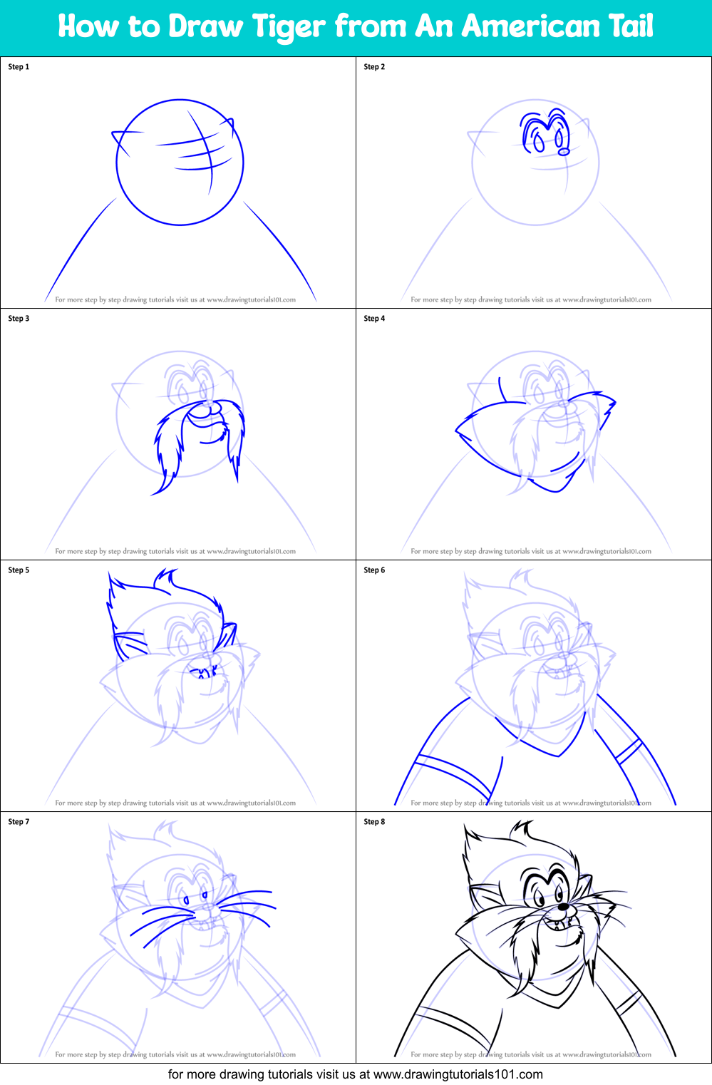 How to Draw Tiger from An American Tail Printable Step by Step