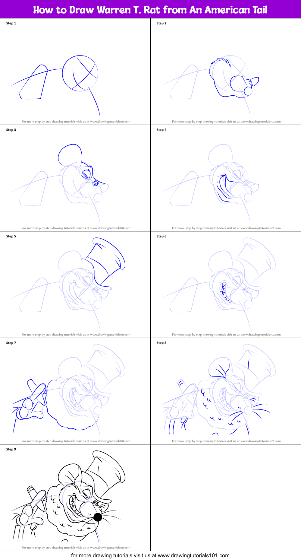 How to Draw Warren T. Rat from An American Tail Printable Step by Step