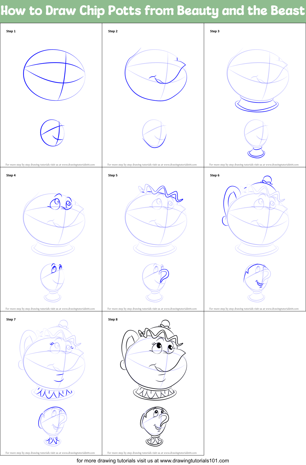 How to Draw Chip Potts from Beauty and the Beast Printable Step by Step