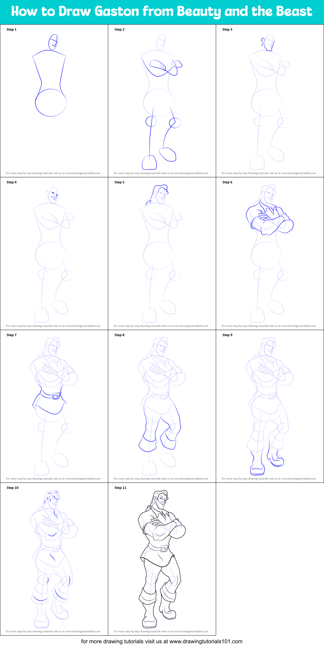 How to Draw Gaston from Beauty and the Beast Printable Step by Step