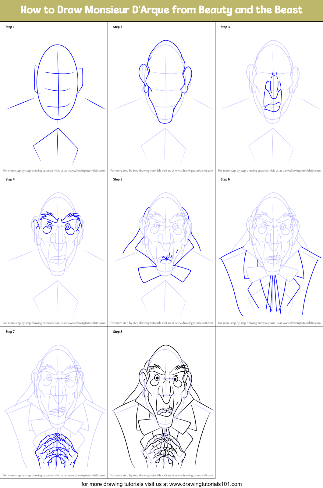 How to Draw Monsieur D'Arque from Beauty and the Beast Printable Step by Step