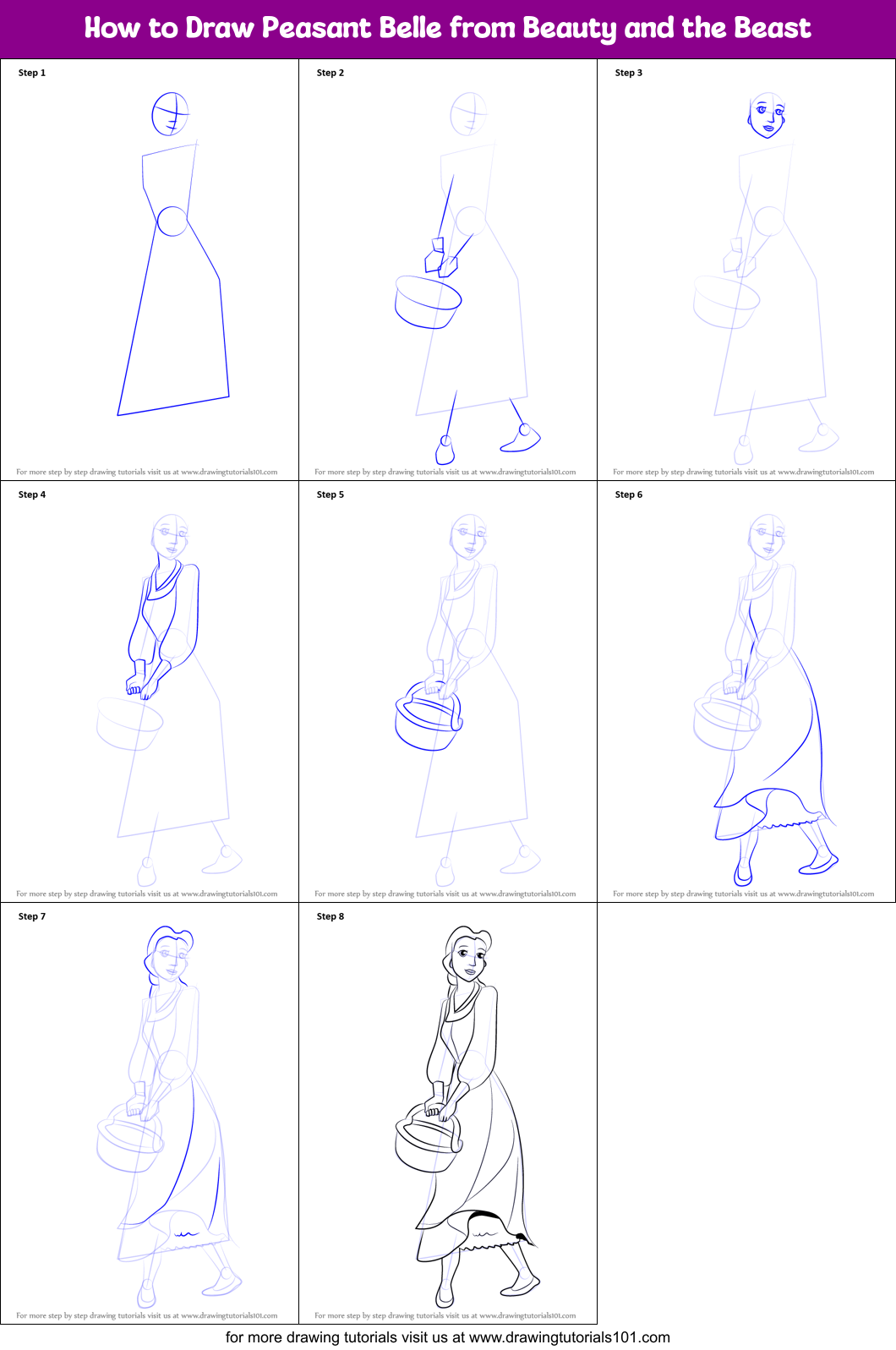 How to Draw Peasant Belle from Beauty and the Beast Printable Step by Step