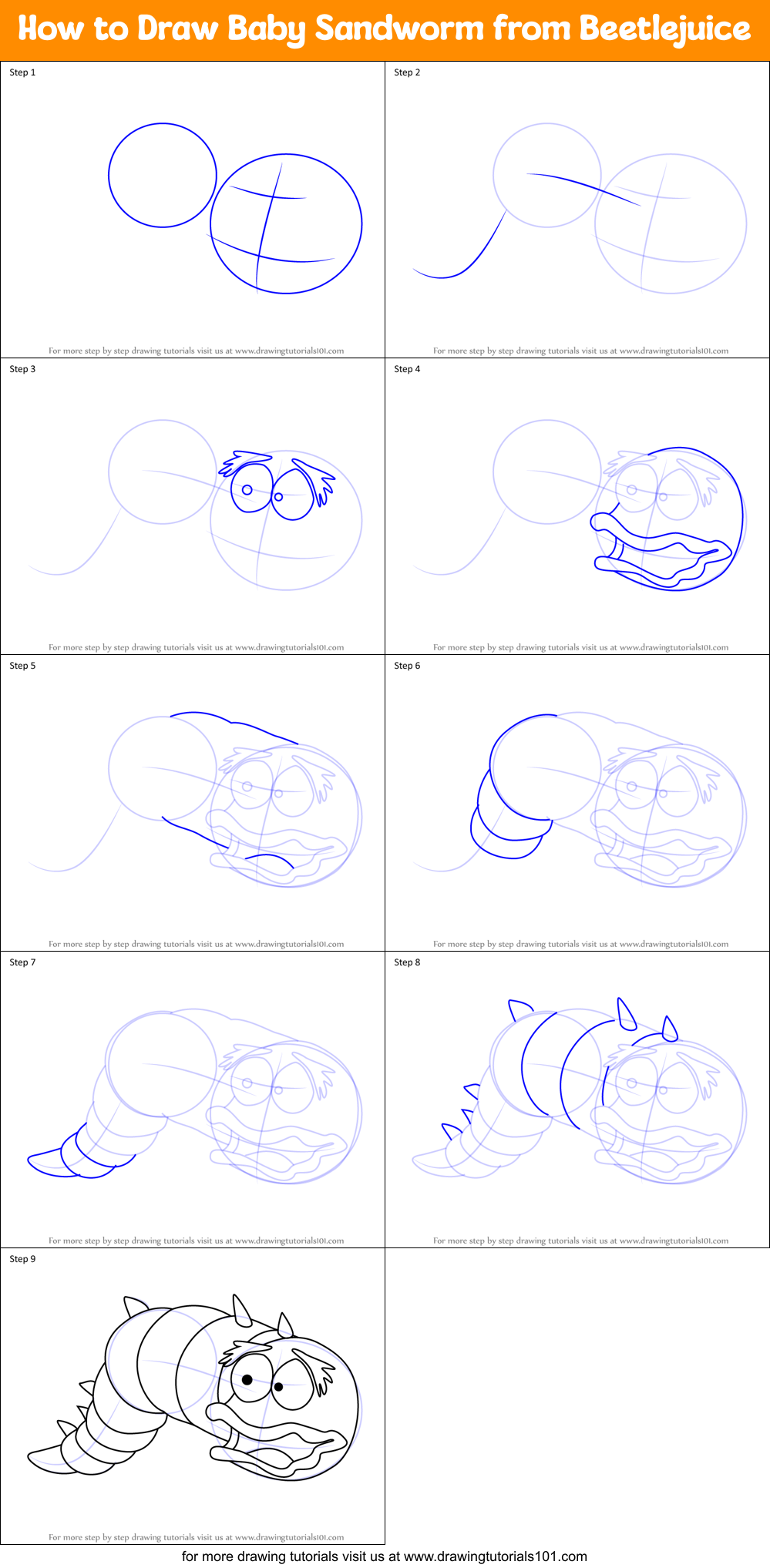 How to Draw Baby Sandworm from Beetlejuice Printable Step by Step