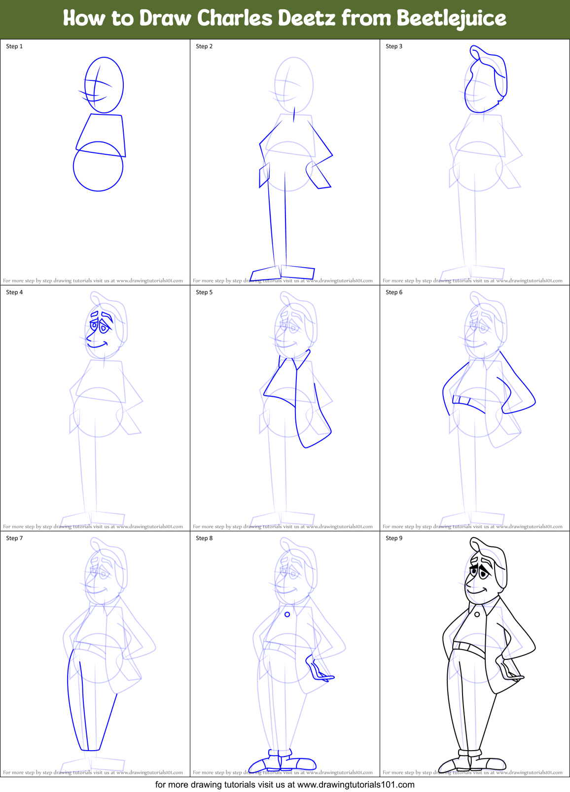 How to Draw Charles Deetz from Beetlejuice Printable Step by Step