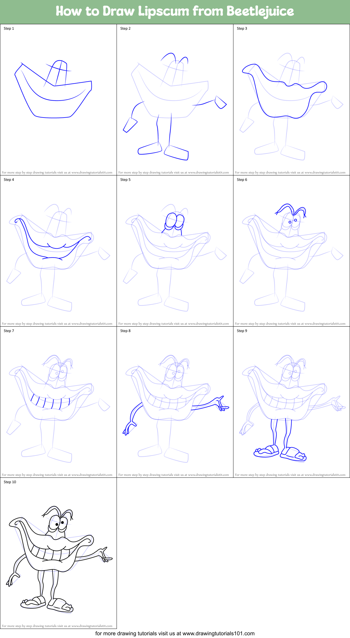 How to Draw Lipscum from Beetlejuice Printable Step by Step