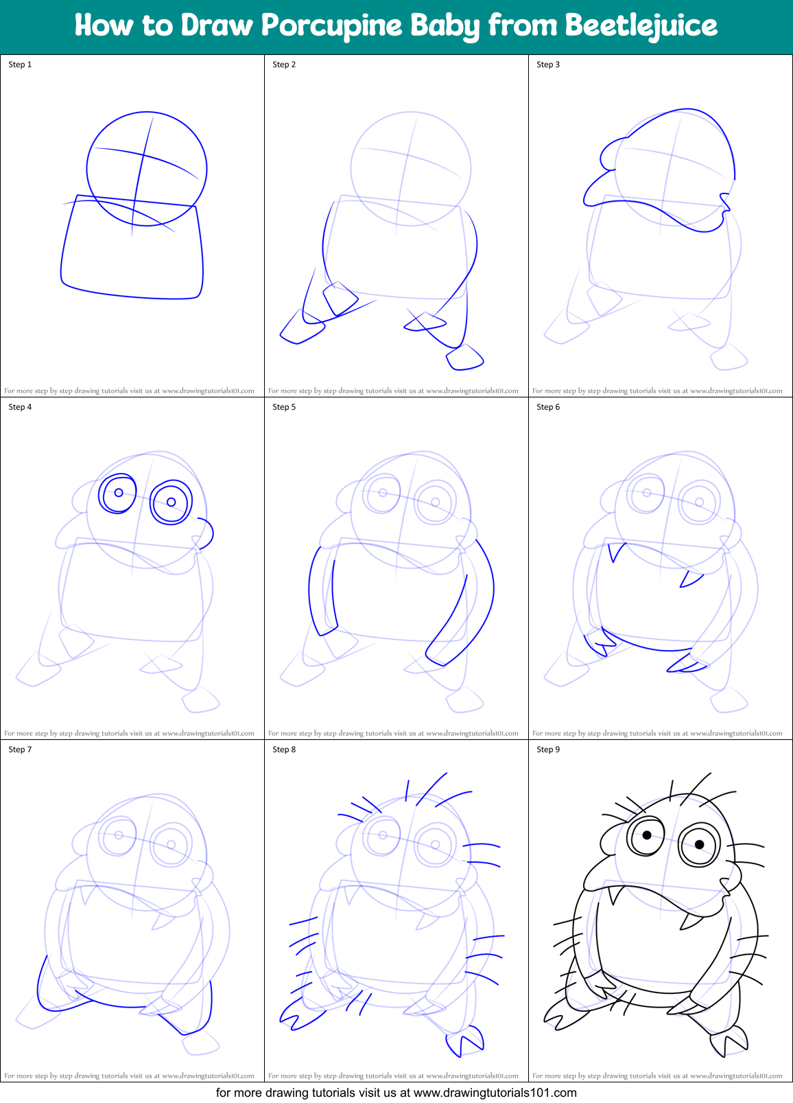 How to Draw Porcupine Baby from Beetlejuice Printable Step by Step