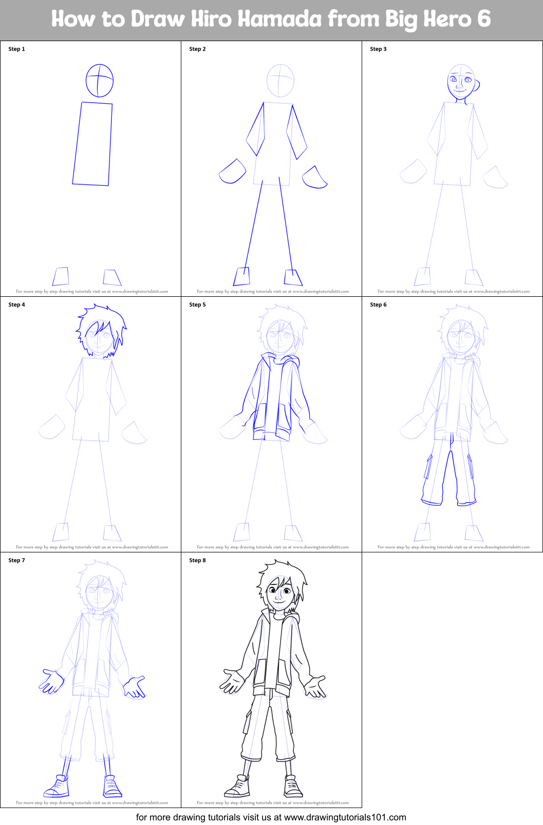 How to Draw Hiro Hamada from Big Hero 6 Printable Step by Step