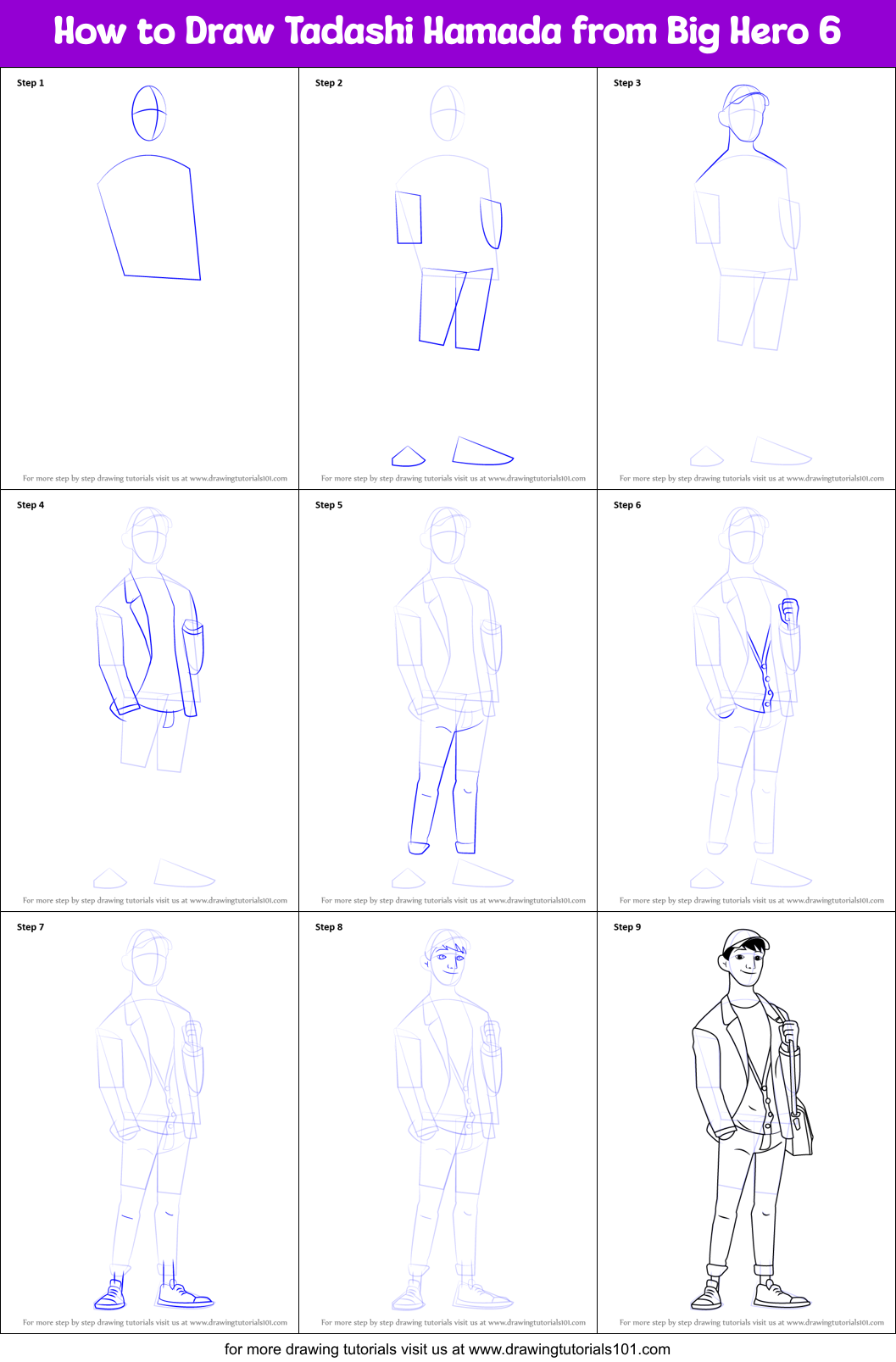 How to Draw Tadashi Hamada from Big Hero 6 Printable Step by Step