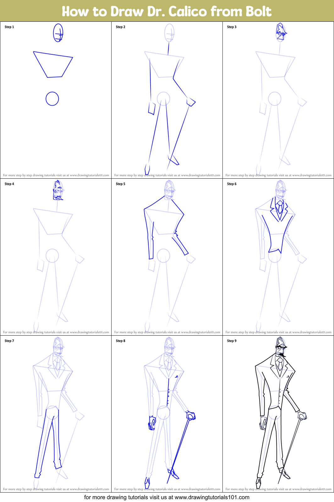 How to Draw Dr. Calico from Bolt Printable Step by Step