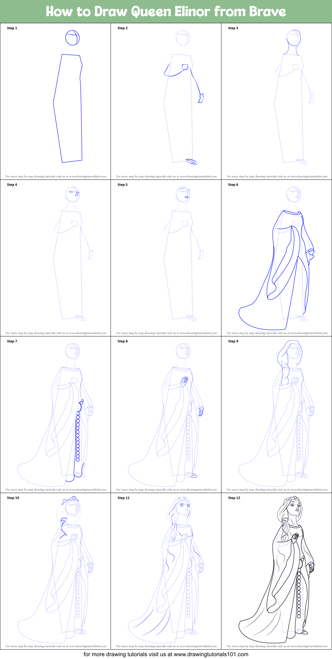 How to Draw Queen Elinor from Brave Printable Step by Step