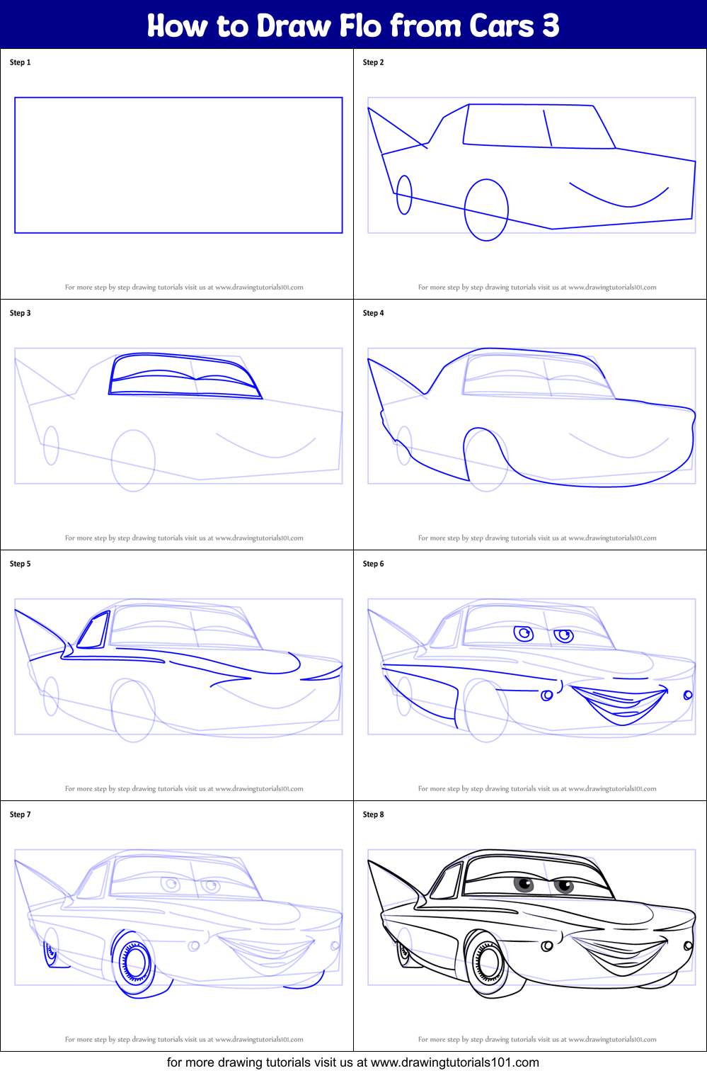 How to Draw Flo from Cars 3 (Cars 3) Step by Step | DrawingTutorials101.com